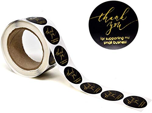 1000 Thank You Stickers Per Roll 1.5 Inch Round Black and Gold Foil Thank You for Supporting My Small Business Paper Adhesive Sticker Labels for Sealing Kraft Maker Online Retailer Sellers Shop Owners