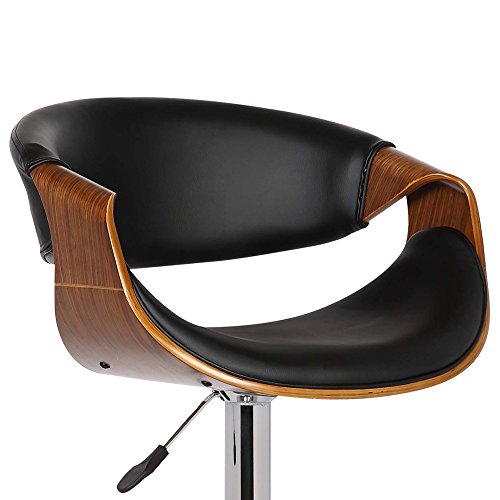 Armen Living Butterfly Swivel Adjustable Barstool in Black Faux Leather and Walnut Wood Finish