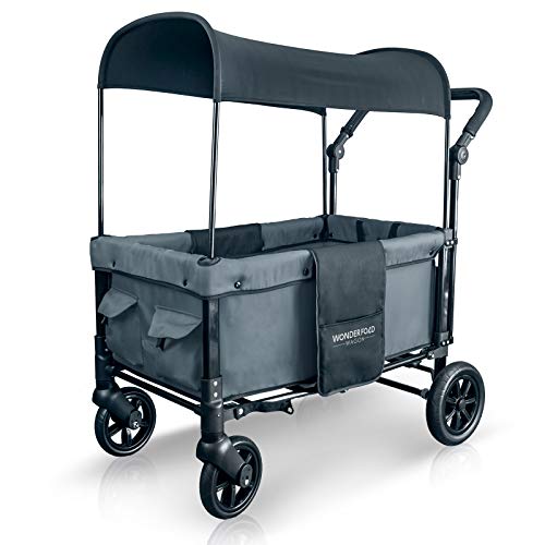 WONDERFOLD W1 Multi-Function 2 Passenger Push Folding Stroller Wagon, Adjustable & Removable Canopy, Double Seats with 5-Point Harness (Smoky Gray)
