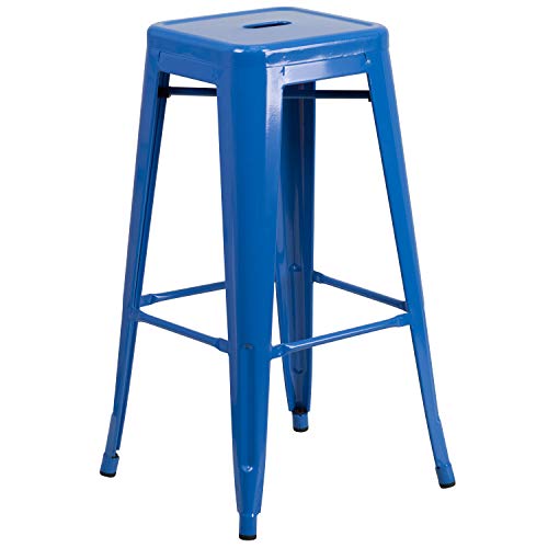 Flash Furniture 23.75'' Square Blue Metal Indoor-Outdoor Bar Table Set with 2 Square Seat Backless Stools