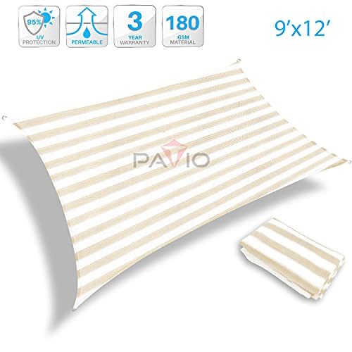 Patio Paradise 9' x 12' FT Beige & White Stripes Sun Shade Sail Rectangle Canopy 180 GSM Permeable Canopy Pergolas Top Cover UV Block Fabric Durable Outdoor Customized Available