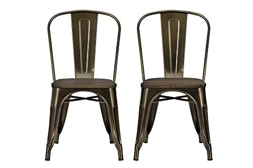 DHP Fusion Metal Dining Chair with Wood Seat, Distressed Metal Finish for Industrial Appeal, Set of two, Bronze