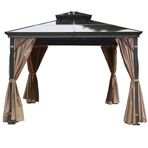 MASTERCANOPY Hardtop Gazebo PatioPolycarbonate Gazebo Canopy with Brown Mosquito Netting Screen Walls Curtains,DL-D33(10ft×10ft)