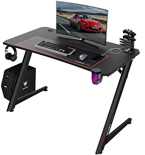 Lemberi Gaming Desk W/ RGB LED Lights Y-Shaped Computer Large Mouse Pad Pro Station W/ USB Handle Rack Cup Holder & Headphone Hook