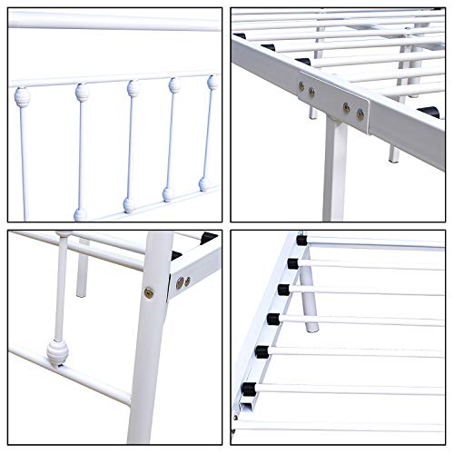 Yollen Metal Bed Frame Queen Size Victorian Vintage Style Headboard and Footboard No Box Spring Heavy Duty Steel Slat Mattress Foundation White
