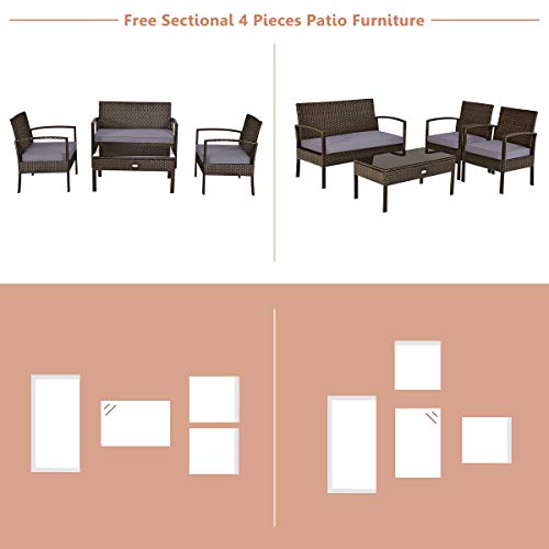 Tangkula 4Pc Outdoor Furniture Set Rattan Wicker Loveseat Sofa Cushioned Seat&Glass Top Coffee Table Modern