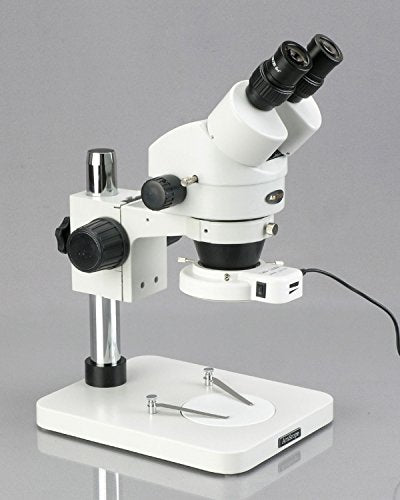 AmScope Professional Binocular Stereo Zoom Microscope 144-Bulb LED Ring Light, Pillar Stand, Includes 0.5x & 2.0x Barlow Lenses
