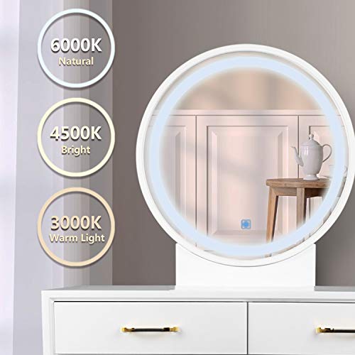 Vanity Lighted LED Touch Screen Dimming Round Mirror Makeup Dressing Table W/ 2 Sliding Drawers 1 Cushioned Stool