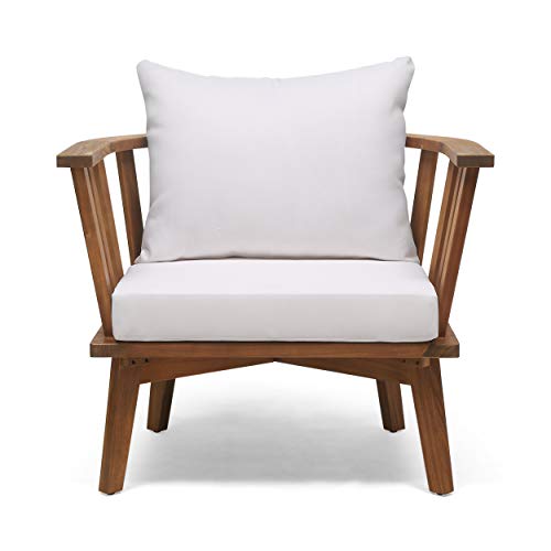 Christopher Knight Home 309123 Dean Outdoor Wooden Club Chair with Cushions, White and Teak Finish
