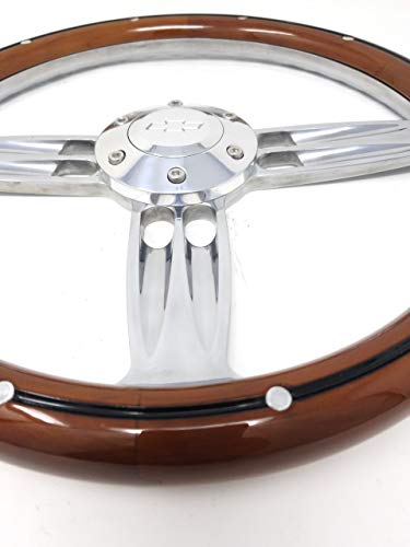 14" Inch Billet Polished & Wood Steering Wheel Bowtie Horn, 6 Hole