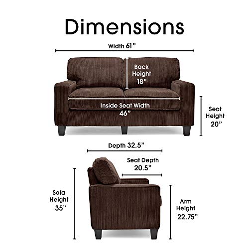 Serta Palisades Upholstered Sofas for Living Room Modern Design Couch, Straight Arms, Soft Fabric Upholstery, Tool-Free Assembly, 61" Loveseat, Brown