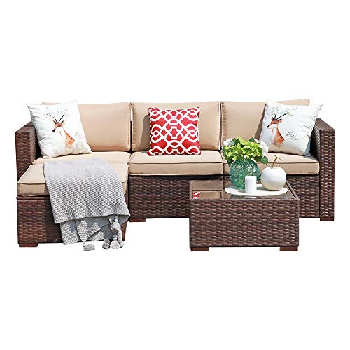 Super Patio Outdoor Patio Furniture Set, 5pc PE Wicker Rattan Sectional Furniture Set with Cushions and Coffee Table, Brown