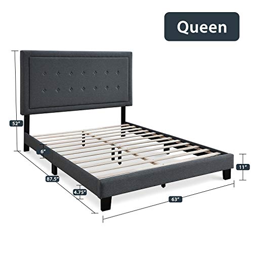 Inofia Queen Upholstered Bed Frame Diamond Tufted Platform W/ Headboard Strong Wood Slats Center Support Legs Easy Assembly