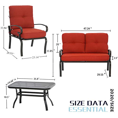Incbruce 4Pcs Outdoor Indoor Patio Furniture Conversation Set (Loveseat, Coffee Table, 2 Chairs) - Steel Frame Patio Seating Set with Red Cushions