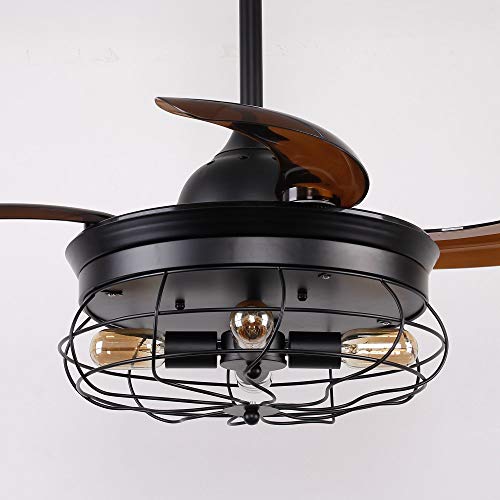 Vintage Ceiling Fan with Lights 34 Inch Retractable 3 Blades Industrial Chandelier Ceiling Fan with 4 Edison Bulbs, Not Included, Black