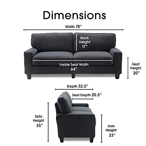 Serta Palisades Upholstered Sofas for Living Room Modern Design Couch, Straight Arms, Soft Fabric Upholstery, Tool-Free Assembly, 78", Charcoal