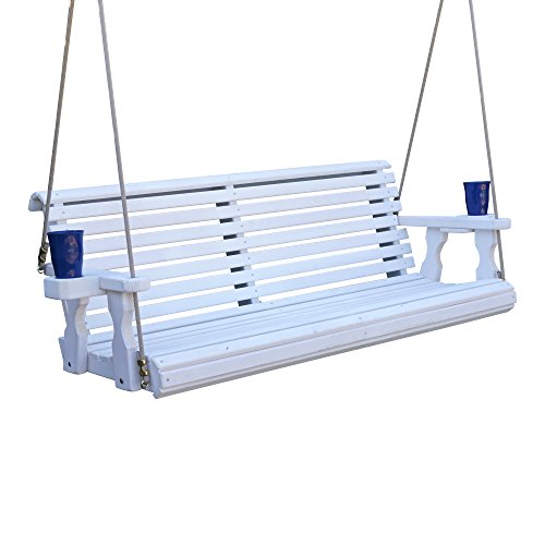 CAF Amish Heavy Duty 800 Lb Roll Back Treated Porch Swing with Hanging Ropes and Cupholders (4 Foot, Semi-Solid White Stain)
