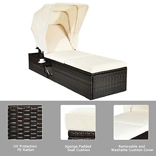 Tangkula Outdoor Chaise Lounge Chair with Folding Canopy, Adjustable Cushioned Reclining Chair with Flip-up Tea Table, Rattan Sun Lounger for Beach Poolside Backyard Balcony Porch (1)