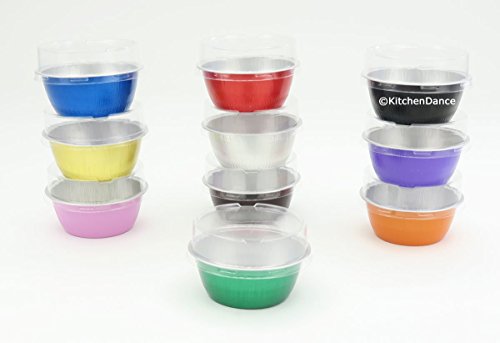 KitchenDance Disposable Aluminum Colored Baking Cups- Creme Brulee cups- Dessert Cups- 4 oz. Size with Lids (2000, Gold w/Stackable Lid)