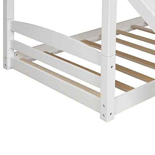 Twin Over Twin Bunk Bed with Slide, Wood Twin Low Bunk Bed for Kids,with Built-in Ladders, White