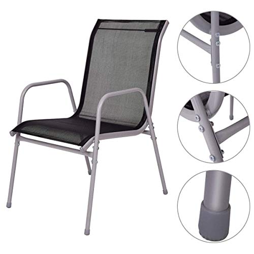 Giantex 7 Pcs Patio Dining Set with Metal Frame for Outdoor Lawn Garden Tempered Glasstop Cool Fabric Chairs Bistro Patio Dining Table Sets, Black