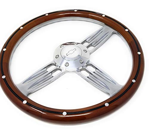 14" Inch Billet Polished & Wood Steering Wheel Bowtie Horn, 6 Hole