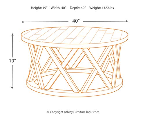 Signature Design by Ashley Sharzane Rustic Round Solid Wood Pine Coffee Table, Weathered Gray Finish