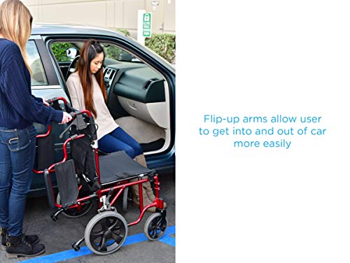 NOVA Lightweight Transport Chair with Locking Hand Brakes, 12” Rear Wheels, Removable & Flip Up Arms for Easy Transfer, Anti-Tippers Included, Red