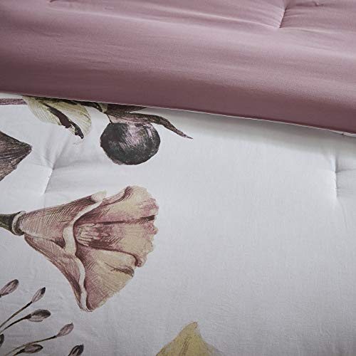 Madison Park Cassandra 8 Pc 100% Cotton Percale Large Floral Print with Reverse Solid Embroidered and Tufted Toss Pillows Shabby Chic All Season Comforter Bedding Set, Cal King, Blush