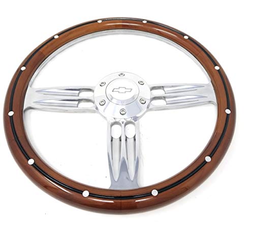14" Inch Billet Polished & Wood Steering Wheel Bowtie Horn, 6 Hole