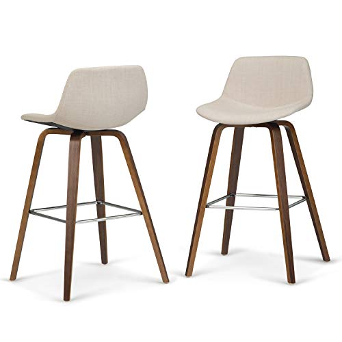 SIMPLIHOME Randolph Mid Century Modern Bentwood Counter Height Stool (Set of 2) in Natural Linen Look Fabric
