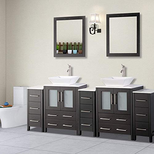 Vanity Art 84 Inch Double Sink Bathroom Vanity Compact Set 5 Cabinets 2 Shelves 13 Dove-Tailed Drawers Quartz Top and Ceramic Vessel Sink Bathroom Cabinet with Free Mirror VA3124-84-E