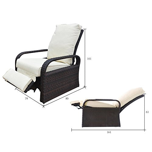 Outdoor Wicker Recliner Chair w/ 5.12'' Thickness Cushions, Automatic Adjustable Rattan, Aluminum Frame