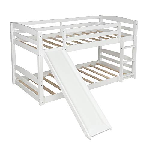 Twin Over Twin Bunk Bed with Slide, Wood Twin Low Bunk Bed for Kids,with Built-in Ladders, White