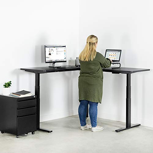 VIVO Electric 67 x 60 inch Corner Stand Up Desk | Black Table Top, Black Frame, Height Adjustable L-Shaped Standing Workstation (DESK-KIT-3E6B)