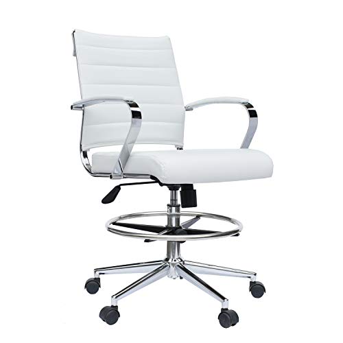 2xhome - Modern Adjustable Designer Ergonomic Office Drafting Chair Office with Arms Ribbed Computer (White)