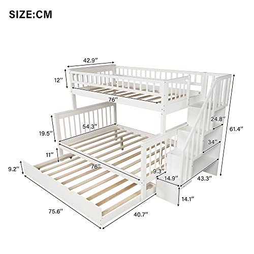 Merax Twin Over Full Stairway Bunk Bed with Storage and Trundle Bed, No Box Spring Required, White