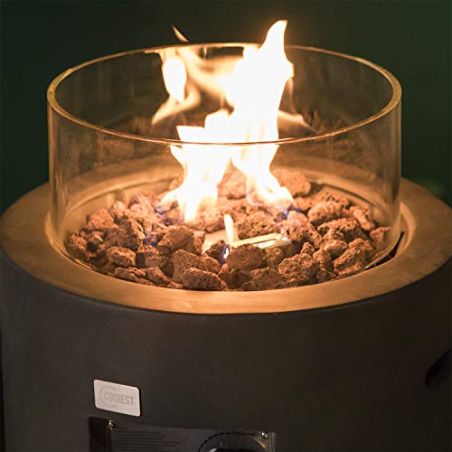 COSIEST Outdoor Propane Fire Pit Table W/ Compact Ledgestone 16in Round Graphite Base & Glass Wind Guard Free Lava Rocks Fits 20gal