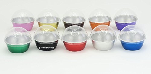 KitchenDance Disposable Aluminum Colored Baking Cups- Creme Brulee cups- Dessert Cups- 4 oz. Size with Lids (1000, Purple w/High Dome Lid)