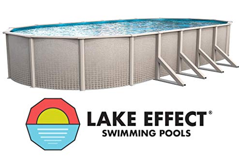 Lake Effect 15 Foot by 24 Foot Oval Impressions Above Ground Swimming Pool | 48 Inch Height | Boulder Swirl Overlap Liner and Wide Mouth Skimmer Bundle | Resin Protected Steel Sided Walls