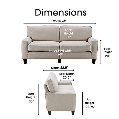 Serta Palisades Upholstered Sofas for Living Room Modern Design Couch, Straight Arms, Soft Fabric Upholstery, Tool-Free Assembly, 73", Light Gray