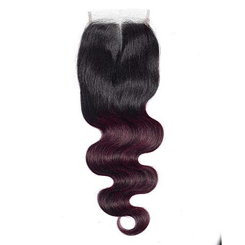 12A Brazilian Remy Hair Body Wave Bundles with Closure 2 Tone Ombre Hair 20" 18" 16" with 14" Free Part Burgundy Dark Wine Red Two Tone Ombre Bundles with Lace Closure