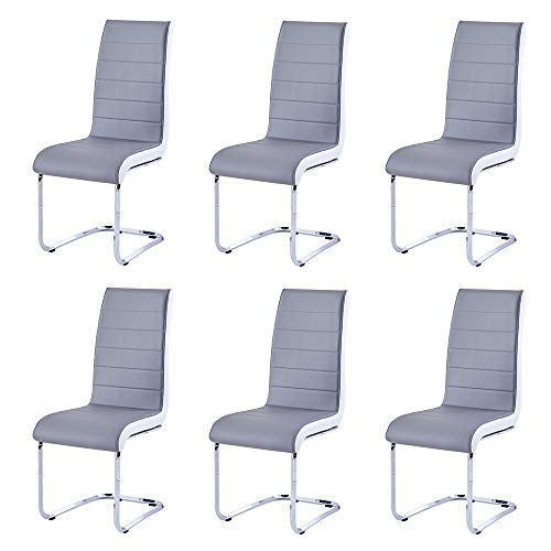 Modern Dining Chairs Set of 6, White Black Side Dining Room Chairs, Kitchen Chairs with Faux Leather Padded Seat High Back and Sturdy Chrome Legs, Chairs for Dining Room,Kitchen, Living Room