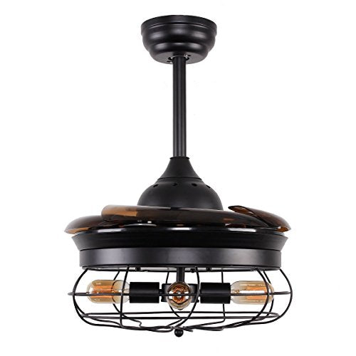 Vintage Ceiling Fan with Lights 34 Inch Retractable 3 Blades Industrial Chandelier Ceiling Fan with 4 Edison Bulbs, Not Included, Black