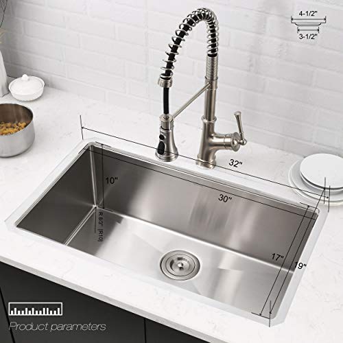 APPASO 32-Inch Single Bowl Kitchen Sink Undermount, 16-Gauge Stainless Steel 10-Inch Deep Commercial Handmade Large Drop-in Kitchen Sink, HS3219