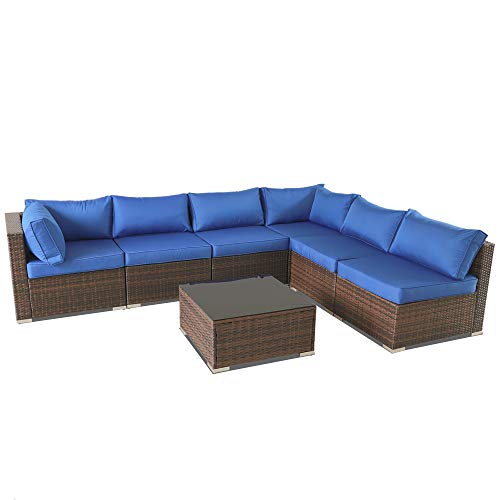 Outdoor Sofa Set Brown Rattan Couch Wicker 7PCS Sectional Conversation Lawn Garden Patio Furniture Set with Royal Blue Cushion
