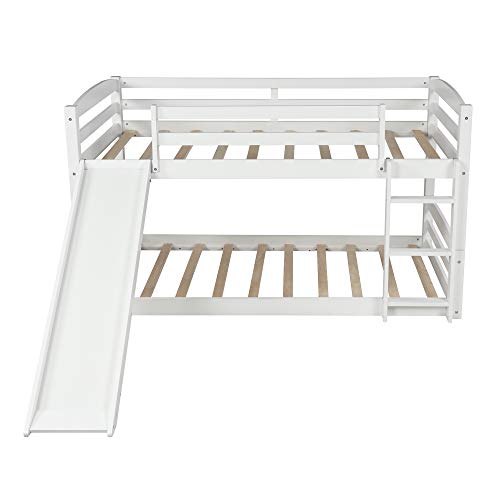 Twin Over Twin Bunk Bed with Slide, Wood Twin Low Bunk Bed for Kids,with Built-in Ladders, White