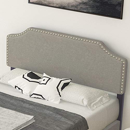 LAGRIMA Upholstered Linen Platform Bed, Curved Shape Headboard, Footboard and Metal Frame with Sticky Wood Slat Support, Headboard Height Adjustable, Khaki, Queen