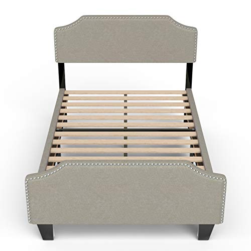 LAGRIMA Upholstered Linen Platform Bed, Curved Shape Headboard, Footboard and Metal Frame with Sticky Wood Slat Support, Headboard Height Adjustable, Khaki, Queen