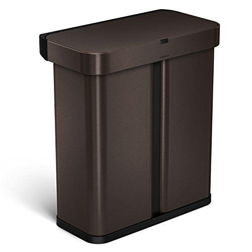 simplehuman Dual Compartment Can Recycler with Voice and Motion Sensor Trash Receptacles, 58 L/15.3 Gallon, Dark Bronze Stainless Steel